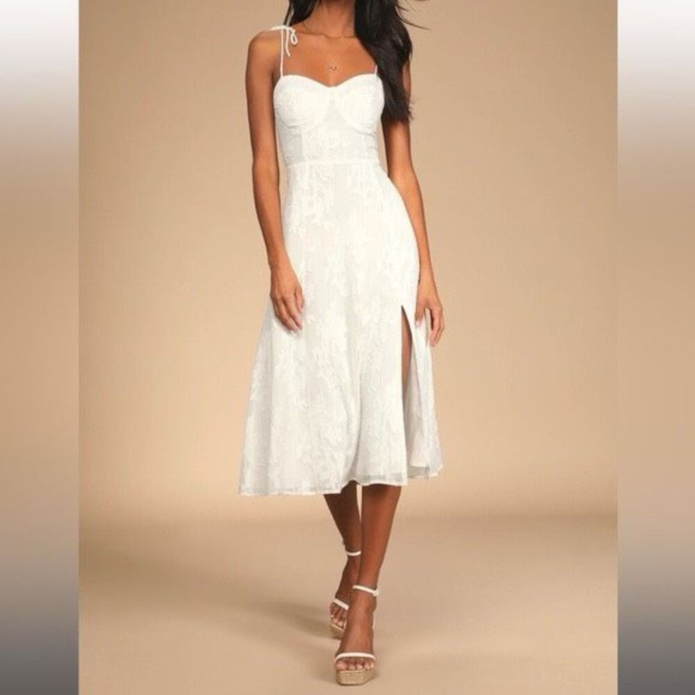 Lulu's White Lace Midi Dress with Side Slit